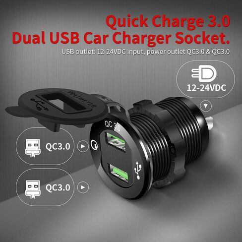 DaierTek 12V Dual USB Charger Socket for Automotive Car Marine RV RZR Boat ATV Bus Truck, Quick Charge 3.0 Waterproof with Blue LED Voltmeter and Wire Fuse DIY Kit - 2pcs in Saudi Arabia