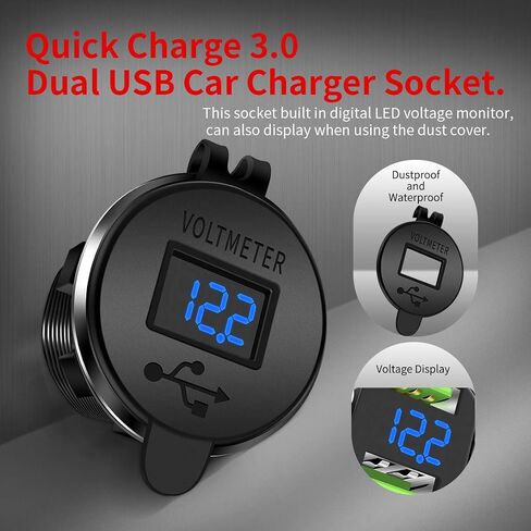 DaierTek 12V Dual USB Charger Socket for Automotive Car Marine RV RZR Boat ATV Bus Truck, Quick Charge 3.0 Waterproof with Blue LED Voltmeter and Wire Fuse DIY Kit - 2pcs in Saudi Arabia