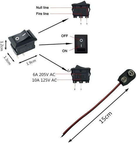 TJIUSI 9V مشبك بطارية موصل 5 حزمة ومفتاح الروك AC 6A/250V 10A/125V 2 لحام العروة تشغيل/إيقاف قارب صغير الروك التبديل 5 قطع 2 دبوس موقف المفاجئة مع 10 قطع محطات in Kuwait