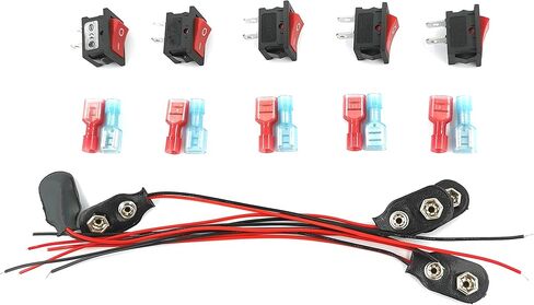 TJIUSI 9V مشبك بطارية موصل 5 حزمة ومفتاح الروك AC 6A/250V 10A/125V 2 لحام العروة تشغيل/إيقاف قارب صغير الروك التبديل 5 قطع 2 دبوس موقف المفاجئة مع 10 قطع محطات in Kuwait