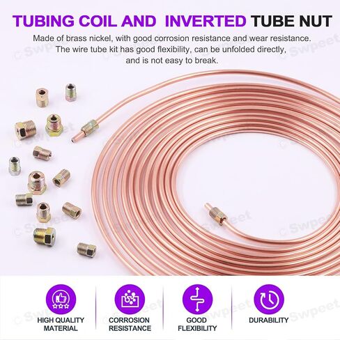 Swpeet 24Pcs 25 Feet 3/16" True Coppe Nickel Alloy Brake Line Replacement Tubing with Fitting and Double Flare Tool Adapters Kit, Non-Magnetic Brake Line Replacement - 3/16 1/4 5/16 3/8 7/16 1/2 5/8 in Saudi Arabia