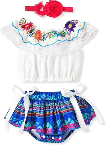 HINTINA Newborn Baby Girl Mexican Clothes Embroidery Floral Shorts Outfits Ethnic Wear Cinco De Mayo Fiesta Clothing Set in Kuwait