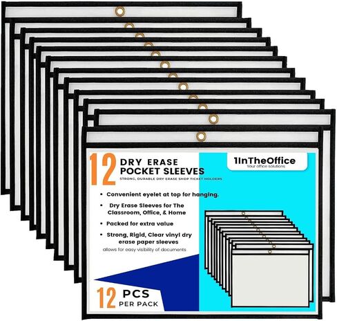 1InTheOffice Dry Erase Pocket Sleeves, Black Shop Ticket Holders 12x9, (12 Pack) in Saudi Arabia