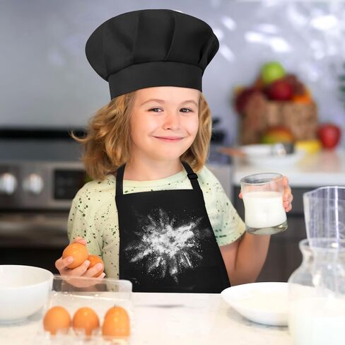 مجموعة مريلة للأطفال وقبعة الشيف من بوبوني، مريلة فنية للأطفال قابلة للتعديل مع جيبين وقبعة الشيف للأطفال الصغار ومريلة للطهي والخبز (أسود) in Kuwait