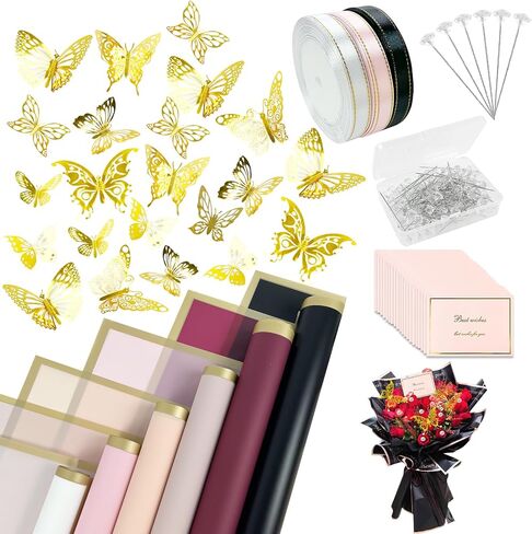 Floral Bouquet Corsages Wrapping Paper, 40 Sheets Flower Wrapping Paper 48 Gold 3D Butterfly Wall Decor and 100 Pcs Bouquet Wedding Corsages Pins for Christmas Valentine's Day Flower Shop DIY Craft in Saudi Arabia