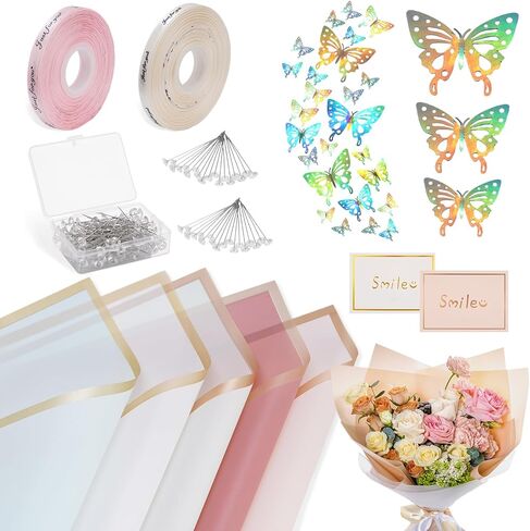 Flower Bouquet Wrapping Paper Kit, Waterproof Bulk Floral Wrapping Paper for Bouquets Florist Bouquet with Ribbons Flower Pins 3D Butterflies, 22.8x22.8 Inches (238) in Saudi Arabia