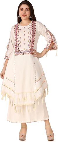 ladyline Womens Cotton White Embroidered Kurta with Palazzo Pants Set Tassels (CEKP LLSM1340) in Saudi Arabia