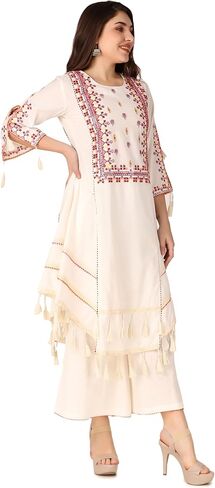 ladyline Womens Cotton White Embroidered Kurta with Palazzo Pants Set Tassels (CEKP LLSM1340) in Saudi Arabia