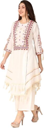 ladyline Womens Cotton White Embroidered Kurta with Palazzo Pants Set Tassels (CEKP LLSM1340) in Saudi Arabia