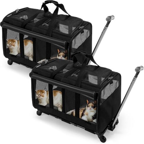 Wenqik 2 Set Pet Carrier with Wheels for 2 Cats, Double Compartment Pet Carrier, Large Rolling Cat Carrier for 2 Cats Dogs Travel Carrier for Outdoor Hiking Camping Veterinary Visits, Black in Saudi Arabia