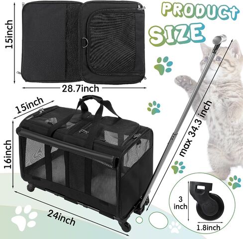 Wenqik 2 Set Pet Carrier with Wheels for 2 Cats, Double Compartment Pet Carrier, Large Rolling Cat Carrier for 2 Cats Dogs Travel Carrier for Outdoor Hiking Camping Veterinary Visits, Black in Saudi Arabia