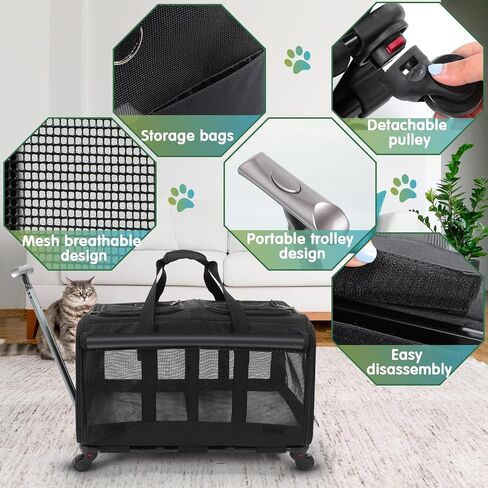 Wenqik 2 Set Pet Carrier with Wheels for 2 Cats, Double Compartment Pet Carrier, Large Rolling Cat Carrier for 2 Cats Dogs Travel Carrier for Outdoor Hiking Camping Veterinary Visits, Black in Saudi Arabia
