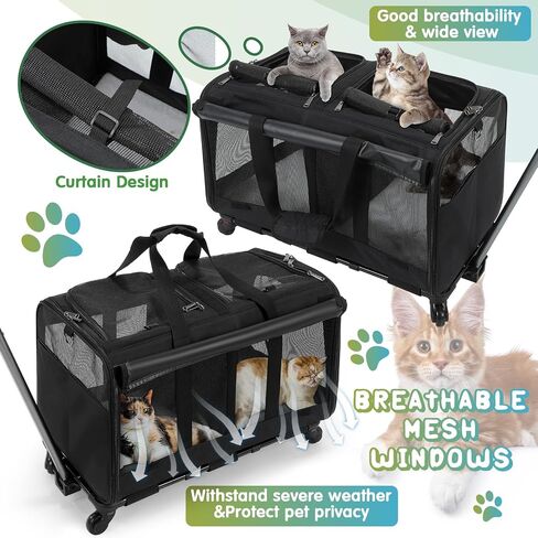 Wenqik 2 Set Pet Carrier with Wheels for 2 Cats, Double Compartment Pet Carrier, Large Rolling Cat Carrier for 2 Cats Dogs Travel Carrier for Outdoor Hiking Camping Veterinary Visits, Black in Saudi Arabia