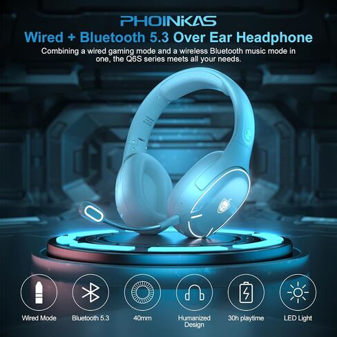 PHOINIKAS Wireless Gaming Headset for PS5, PS4, PC, Switch, Gaming Headphones with Mic, 7.1 Stereo Sound, 30H Battery, Bluetooth Mode only for Laptop/Phone/Mac (Blue) in Saudi Arabia