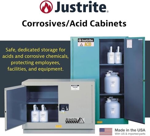 Justrite 891222 Sure-Grip EX من الفولاذ المجلفن 1 باب ذاتي الإغلاق كومباك خزانة تخزين آمنة للتآكل، سعة 12 جالون، عرض 23-1/4 بوصة × ارتفاع 35 بوصة × عمق 18 بوصة، 1 رف قابل للتعديل، أزرق in Kuwait