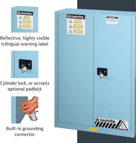 Justrite 891222 Sure-Grip EX من الفولاذ المجلفن 1 باب ذاتي الإغلاق كومباك خزانة تخزين آمنة للتآكل، سعة 12 جالون، عرض 23-1/4 بوصة × ارتفاع 35 بوصة × عمق 18 بوصة، 1 رف قابل للتعديل، أزرق in Kuwait