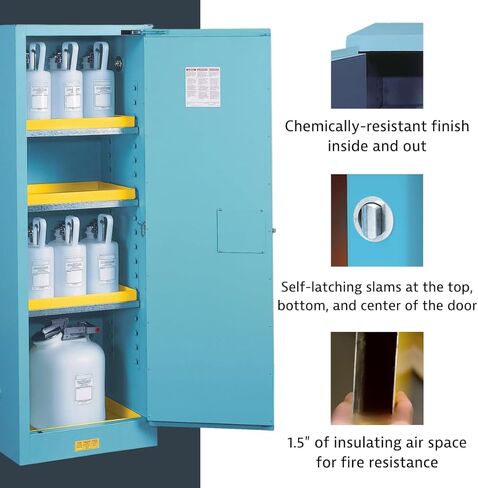 Justrite 891222 Sure-Grip EX من الفولاذ المجلفن 1 باب ذاتي الإغلاق كومباك خزانة تخزين آمنة للتآكل، سعة 12 جالون، عرض 23-1/4 بوصة × ارتفاع 35 بوصة × عمق 18 بوصة، 1 رف قابل للتعديل، أزرق in Kuwait