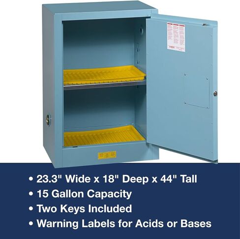Justrite 891222 Sure-Grip EX Galvanized Steel 1 Door Self Close Compac Corrosives Safety Storage Cabinet, 12 Gallon Capacity, 23-1/4" Width x 35" Height x 18" Depth, 1 Adjustable Shelfs, Blue in Kuwait