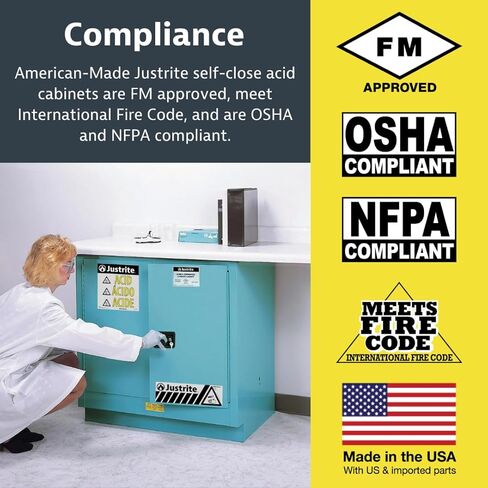 Justrite 891222 Sure-Grip EX من الفولاذ المجلفن 1 باب ذاتي الإغلاق كومباك خزانة تخزين آمنة للتآكل، سعة 12 جالون، عرض 23-1/4 بوصة × ارتفاع 35 بوصة × عمق 18 بوصة، 1 رف قابل للتعديل، أزرق in Kuwait