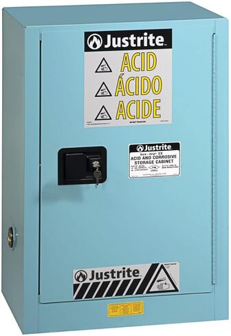 Justrite 891222 Sure-Grip EX من الفولاذ المجلفن 1 باب ذاتي الإغلاق كومباك خزانة تخزين آمنة للتآكل، سعة 12 جالون، عرض 23-1/4 بوصة × ارتفاع 35 بوصة × عمق 18 بوصة، 1 رف قابل للتعديل، أزرق in Kuwait