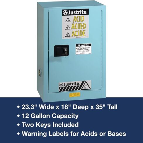 Justrite 891222 Sure-Grip EX من الفولاذ المجلفن 1 باب ذاتي الإغلاق كومباك خزانة تخزين آمنة للتآكل، سعة 12 جالون، عرض 23-1/4 بوصة × ارتفاع 35 بوصة × عمق 18 بوصة، 1 رف قابل للتعديل، أزرق in Kuwait