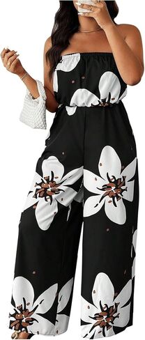 OYOANGLE Women's Plus Size Floral Print Off Shoulder Jumpsuit Strapless Overall Wide Leg Pants in Saudi Arabia