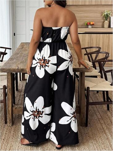 OYOANGLE Women's Plus Size Floral Print Off Shoulder Jumpsuit Strapless Overall Wide Leg Pants in Saudi Arabia