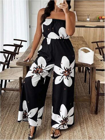 OYOANGLE Women's Plus Size Floral Print Off Shoulder Jumpsuit Strapless Overall Wide Leg Pants in Saudi Arabia