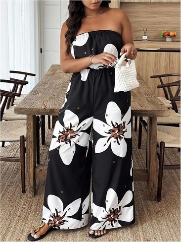 OYOANGLE Women's Plus Size Floral Print Off Shoulder Jumpsuit Strapless Overall Wide Leg Pants in Saudi Arabia