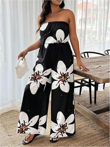 OYOANGLE Women's Plus Size Floral Print Off Shoulder Jumpsuit Strapless Overall Wide Leg Pants in Saudi Arabia