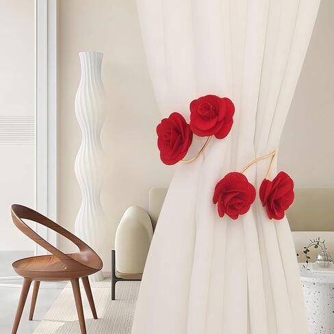 Spring-Loaded Red Rose Curtain Tiebacks, No-Drill Decorative Metal & Fabric Flowers Holdbacks, Elegant Gold Curtain Holder for Home Decor in Saudi Arabia