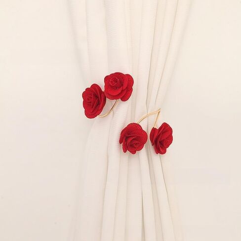 Spring-Loaded Red Rose Curtain Tiebacks, No-Drill Decorative Metal & Fabric Flowers Holdbacks, Elegant Gold Curtain Holder for Home Decor in Saudi Arabia