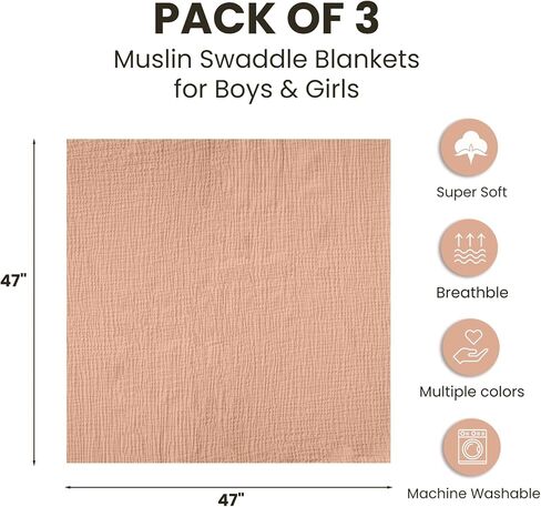 Konssy 3 Pack Muslin Swaddle Blankets for Unisex, Newborn Receiving Blanket, Large 47 x 47 inches, Soft Breathable Muslin Baby Swaddles for Boys & Girls in Saudi Arabia
