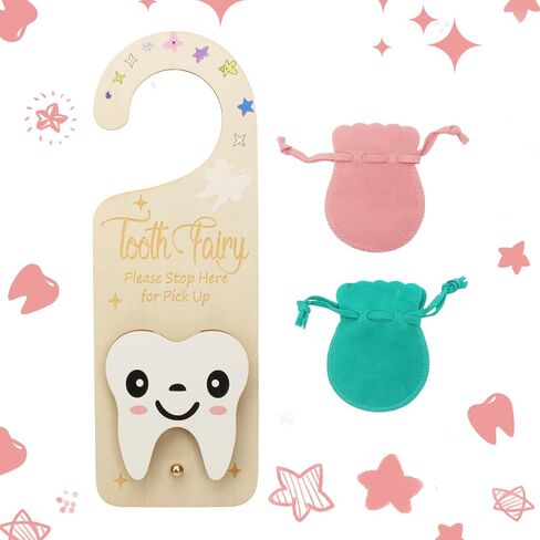 2 PCS Tooth Fairy Tooth Holder, Room Decor Tooth Fairy Door Hanger with Money Slot, Keepsake Bag & Elegant Patterns for Lost Teeth, Encourage Gift for Boys & Girls Milk Teeth in Saudi Arabia