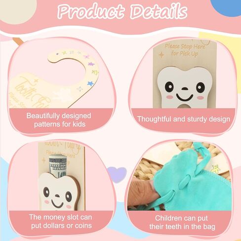 2 PCS Tooth Fairy Tooth Holder, Room Decor Tooth Fairy Door Hanger with Money Slot, Keepsake Bag & Elegant Patterns for Lost Teeth, Encourage Gift for Boys & Girls Milk Teeth in Saudi Arabia