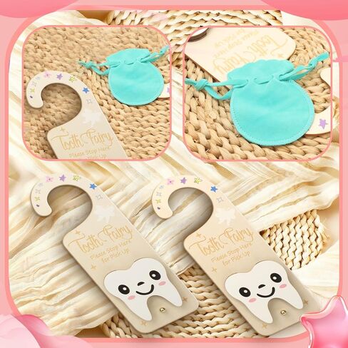 2 PCS Tooth Fairy Tooth Holder, Room Decor Tooth Fairy Door Hanger with Money Slot, Keepsake Bag & Elegant Patterns for Lost Teeth, Encourage Gift for Boys & Girls Milk Teeth in Saudi Arabia