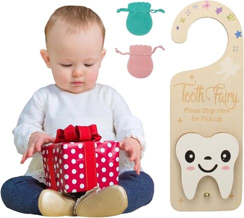 2 PCS Tooth Fairy Tooth Holder, Room Decor Tooth Fairy Door Hanger with Money Slot, Keepsake Bag & Elegant Patterns for Lost Teeth, Encourage Gift for Boys & Girls Milk Teeth in Saudi Arabia