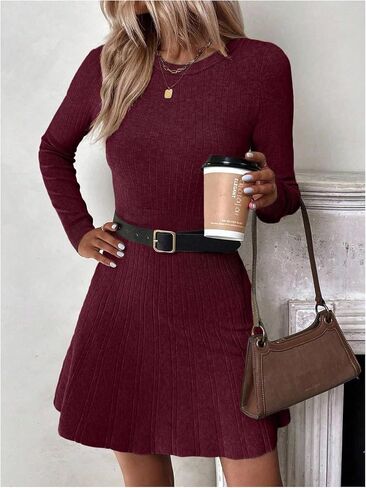 MakeMeChic Women's Sweater Dress Ribbed Knit Aline Flare Short Dresses Without Belt in Saudi Arabia