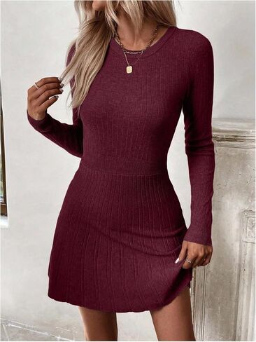 MakeMeChic Women's Sweater Dress Ribbed Knit Aline Flare Short Dresses Without Belt in Saudi Arabia