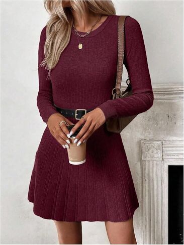 MakeMeChic Women's Sweater Dress Ribbed Knit Aline Flare Short Dresses Without Belt in Saudi Arabia