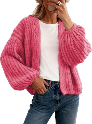 QIBABU Womens Chunky Knit Cardigan Sweater Casual Cropped Open Front Lantern Sleeve Knitwear Coat in Saudi Arabia