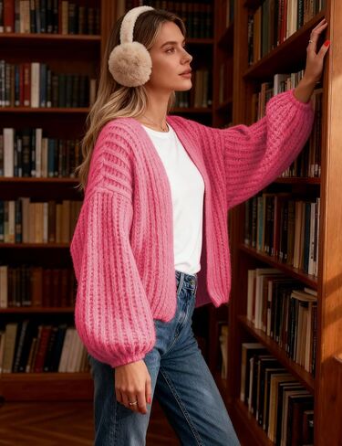 QIBABU Womens Chunky Knit Cardigan Sweater Casual Cropped Open Front Lantern Sleeve Knitwear Coat in Saudi Arabia