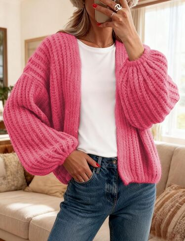QIBABU Womens Chunky Knit Cardigan Sweater Casual Cropped Open Front Lantern Sleeve Knitwear Coat in Saudi Arabia