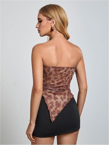 WDIRARA Women's Floral Mesh Strapless Side Ruched Tube Top Asymmetrical Hem Bandeau Crop Tops in Saudi Arabia