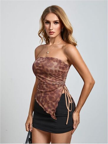 WDIRARA Women's Floral Mesh Strapless Side Ruched Tube Top Asymmetrical Hem Bandeau Crop Tops in Saudi Arabia
