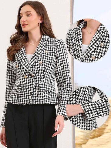 Allegra K Houndstooth Blazer for Women Notch Lapel Plaid Suit Jacket Long Sleeve Button Down Work Office Blazers in Saudi Arabia