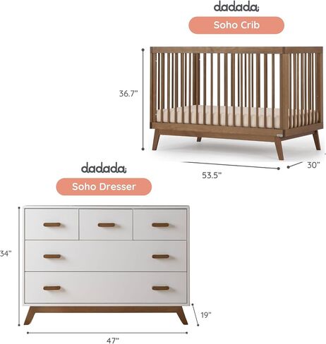 Dadada Soho مجموعة أثاث حضانة الأطفال. سرير الأطفال وخلصة مجموعة مجموعة. Soho 3 في 1 سرير قابل للتحويل و 5 درج الحضانة. بيتشوود بيتش in Kuwait