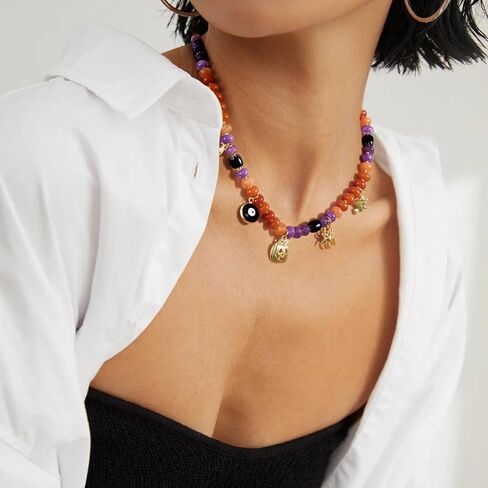 كيسيان قلادة مطرزة بالهالوين، قلادة من الأحجار الكريمة الطبيعية على شكل يقطين الشر للنساء، أزياء تنكرية للحفلات التنكرية وإكسسوارات المجوهرات المصنوعة يدويًا in Saudi Arabia