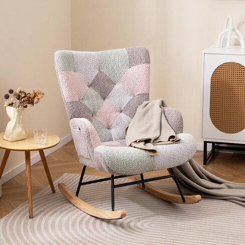 Giantex Rocking Chair Consery ، Teddy منجد طائرة شراعية روك مع مسند الظهر المرتفع ، أرجل الخشب المطاطية وجيب الجانبي ، كرسي لهجة حديثة مترقعة لغرفة النوم ، غرفة المعيشة ، المكاتب in Kuwait