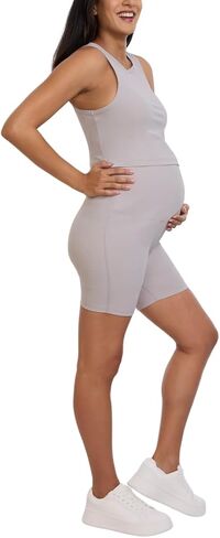 Motherhood Maternity Women's Ribbed Over The Belly Biker Shorts and Crop Racerback Workout Tank Top Pregnancy Set, Black, X-Large in Saudi Arabia